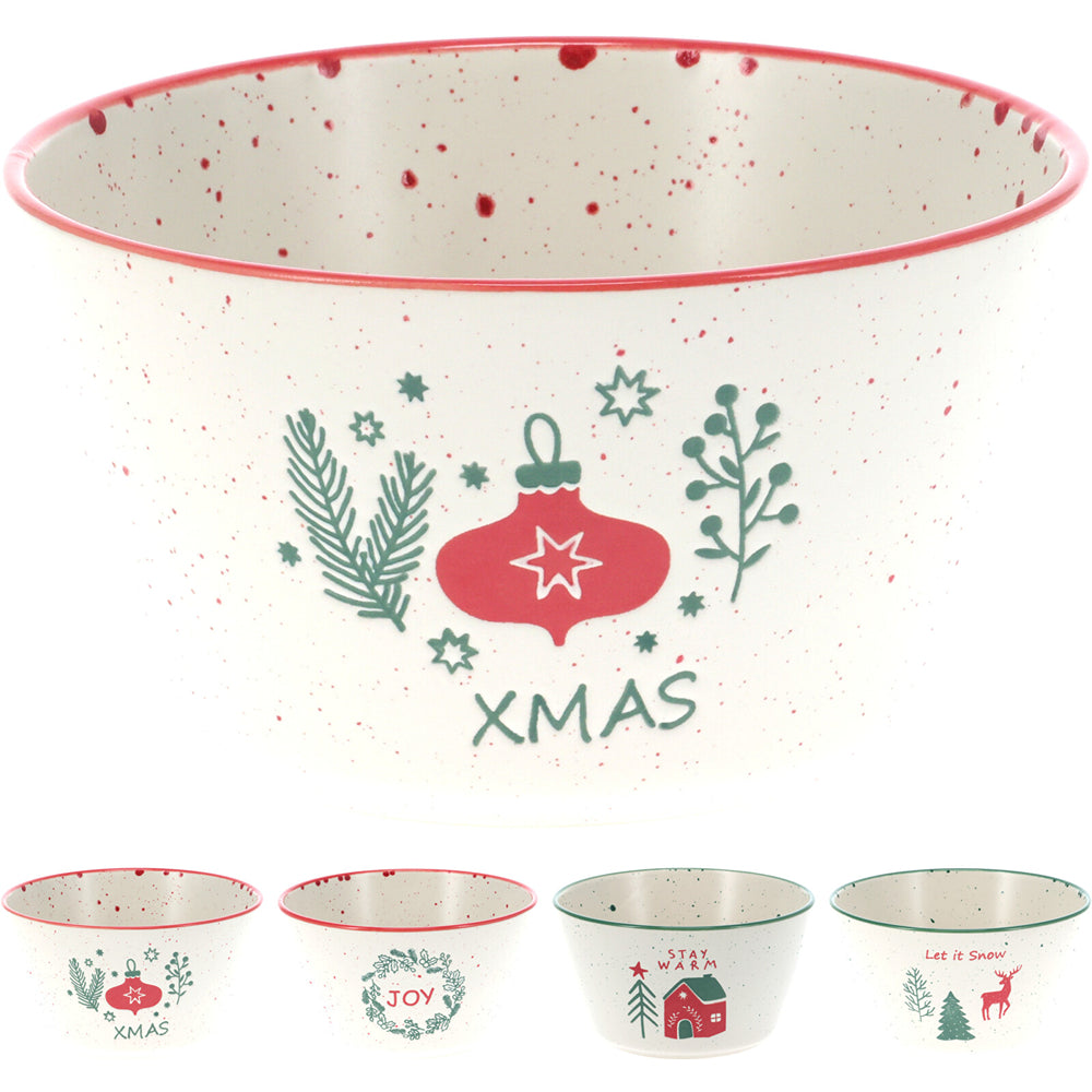 Christmas Festive Stoneware Bowl | 14 x 8cm, Speckled Finish, Red or Green Rim