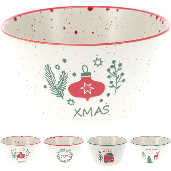 Christmas Festive Stoneware Bowl | 14 x 8cm, Speckled Finish, Red or Green Rim