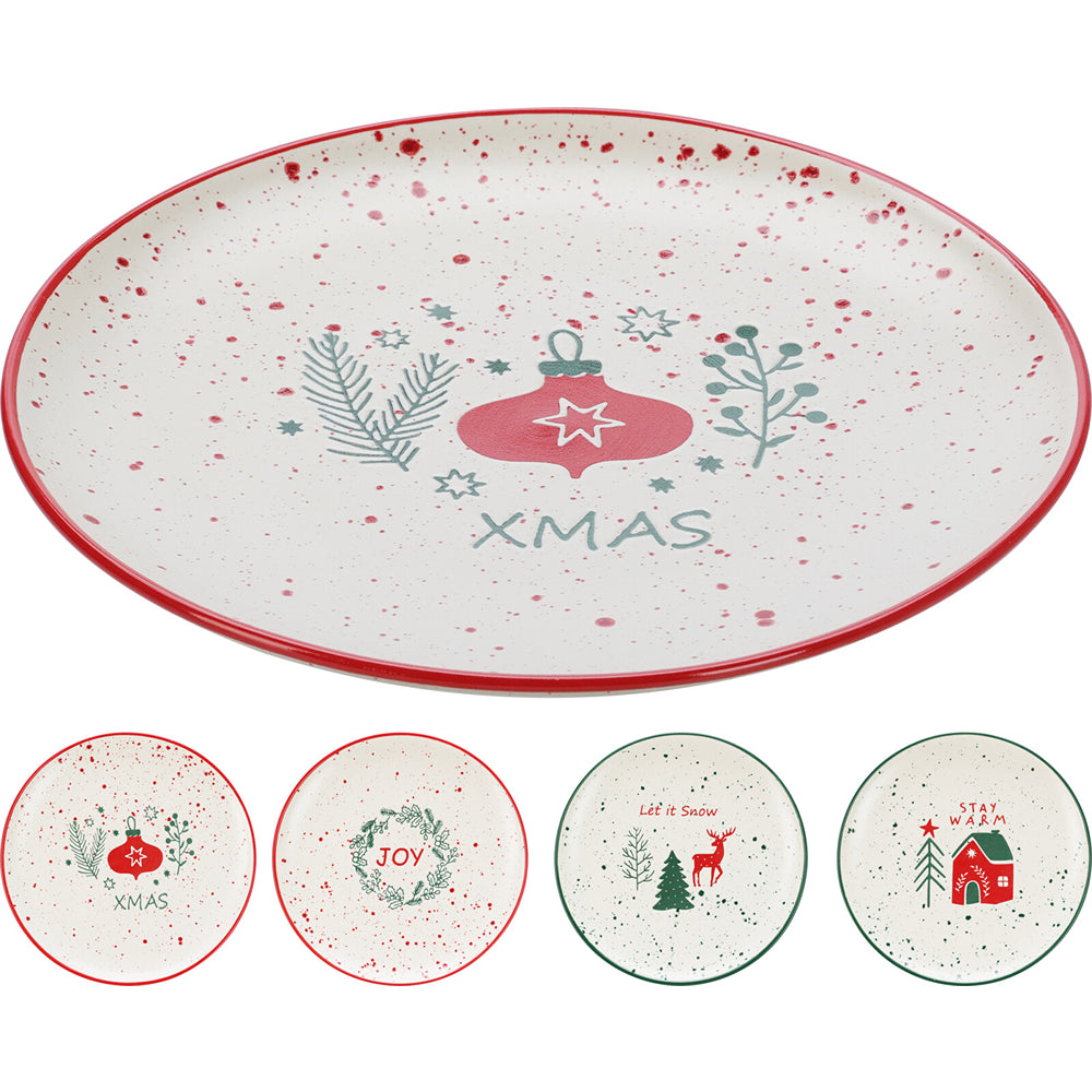 Christmas Festive Stoneware Plate | 20cm, Assorted Designs, Red or Green Rim