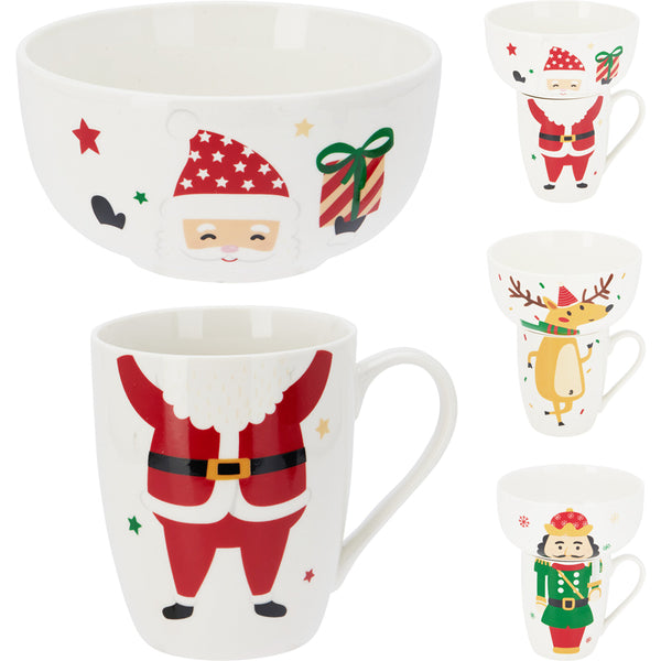 Christmas Porcelain Mug and Bowl Set | Santa, Reindeer, Nutcracker Motifs