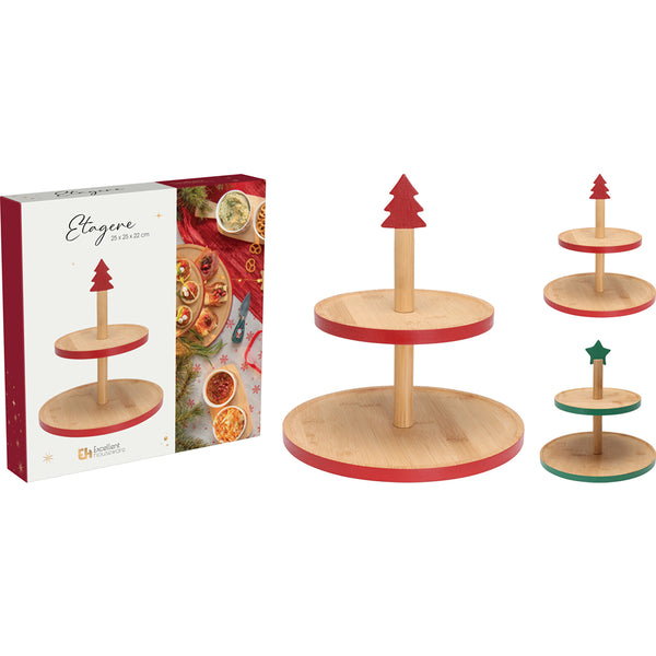 Christmas Two-Tier Serving Stand with Tree and Star Toppers | 25 x 25 x 22 cm