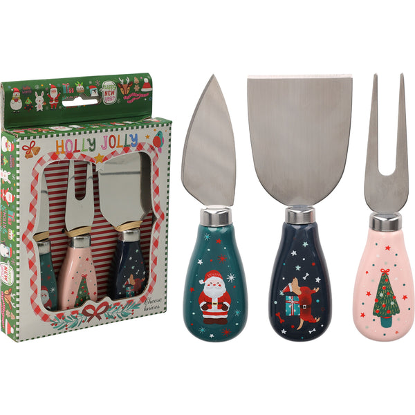 Christmas Cheese Knife, Server and Fork Set | 3 Pieces, Santa, Tree, Dog