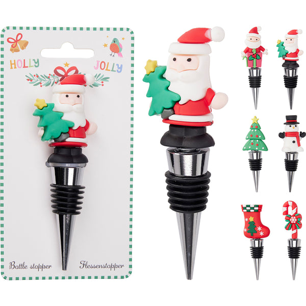 Christmas Holly Jolly Bottle Stopper | Assorted Designs, Ribbed Seal, Metal Cone