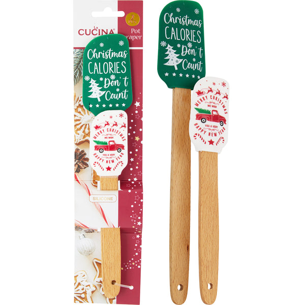 Christmas Festive Silicone Spatula Set | Wooden Handles, Non-Scratch