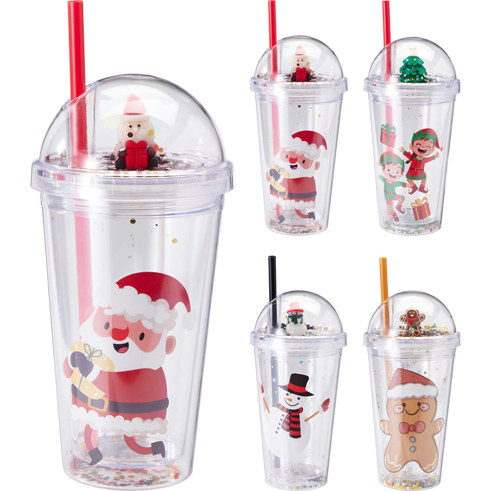 Christmas Festive Double-Wall Straw Tumbler | Dome Lid, Glitter Confetti