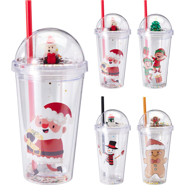 Christmas Festive Double-Wall Straw Tumbler | Dome Lid, Glitter Confetti