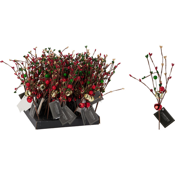 Christmas Red, Green and Gold Branch Spray | 23cm, Jingle Bell Accents
