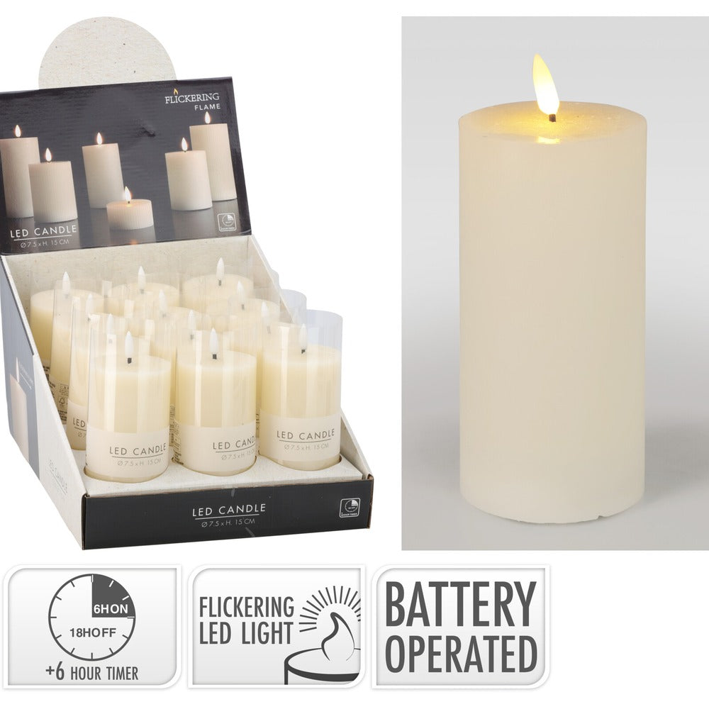 LED Pillar Candle Ivory 7x15cm | Battery Operated with Timer
