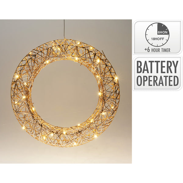 Christmas Champagne LED Wreath | 40cm, Battery-Operated, 6-Hour Timer