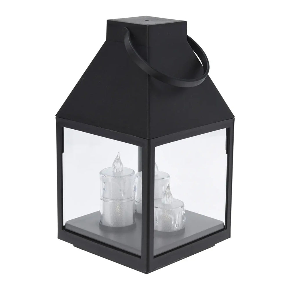 Black Flameless Lantern with 3 LED Candles | 25cm, Carry Handle