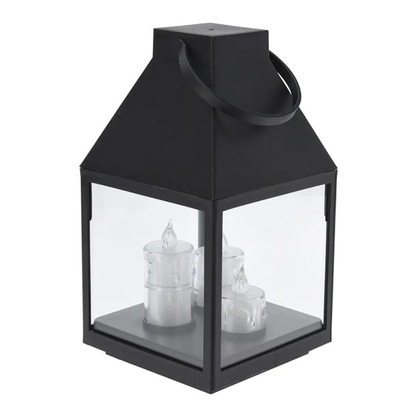 Black Flameless Lantern with 3 LED Candles | 25cm, Carry Handle