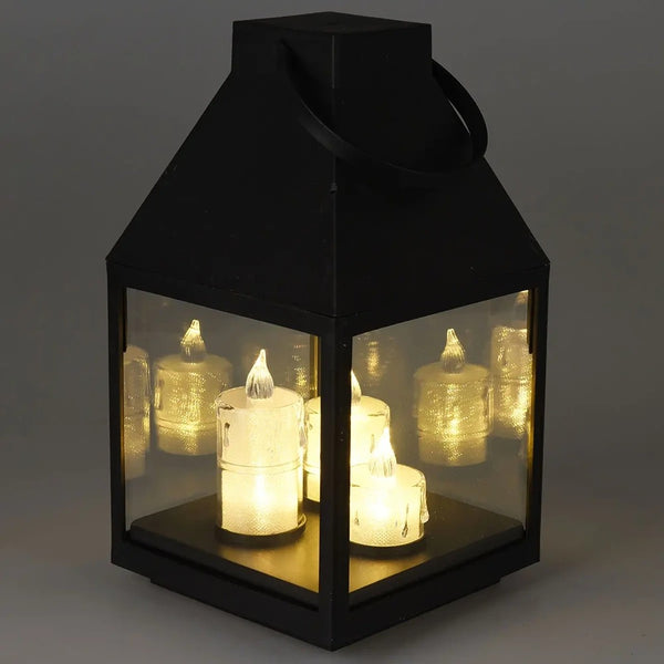 Black Flameless Lantern with 3 LED Candles | 25cm, Carry Handle