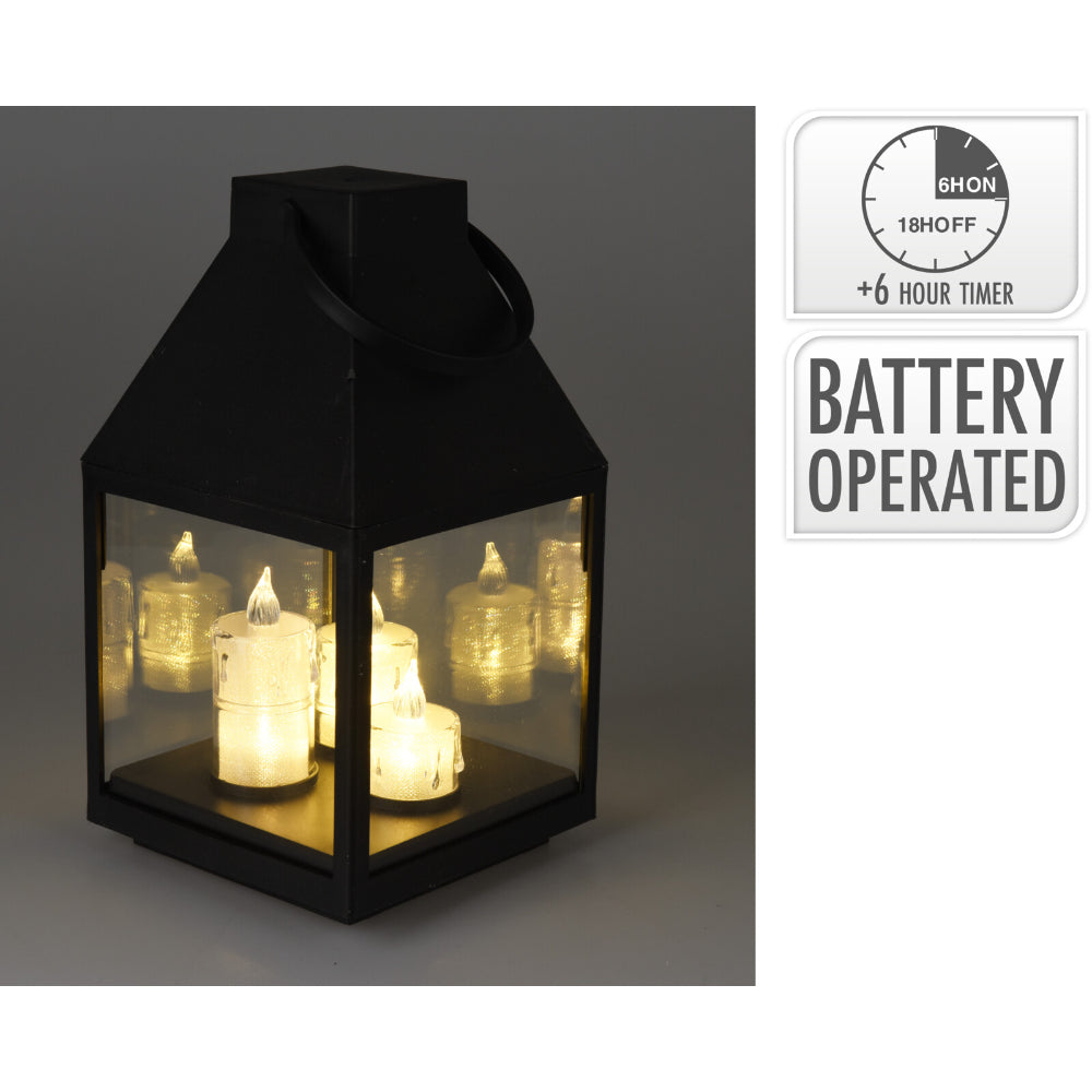 Black Flameless Lantern with 3 LED Candles | 25cm, Carry Handle