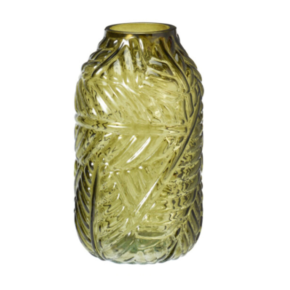 Embossed Tropical Leaf Design Glass Vase | 21cm, Assorted Colours