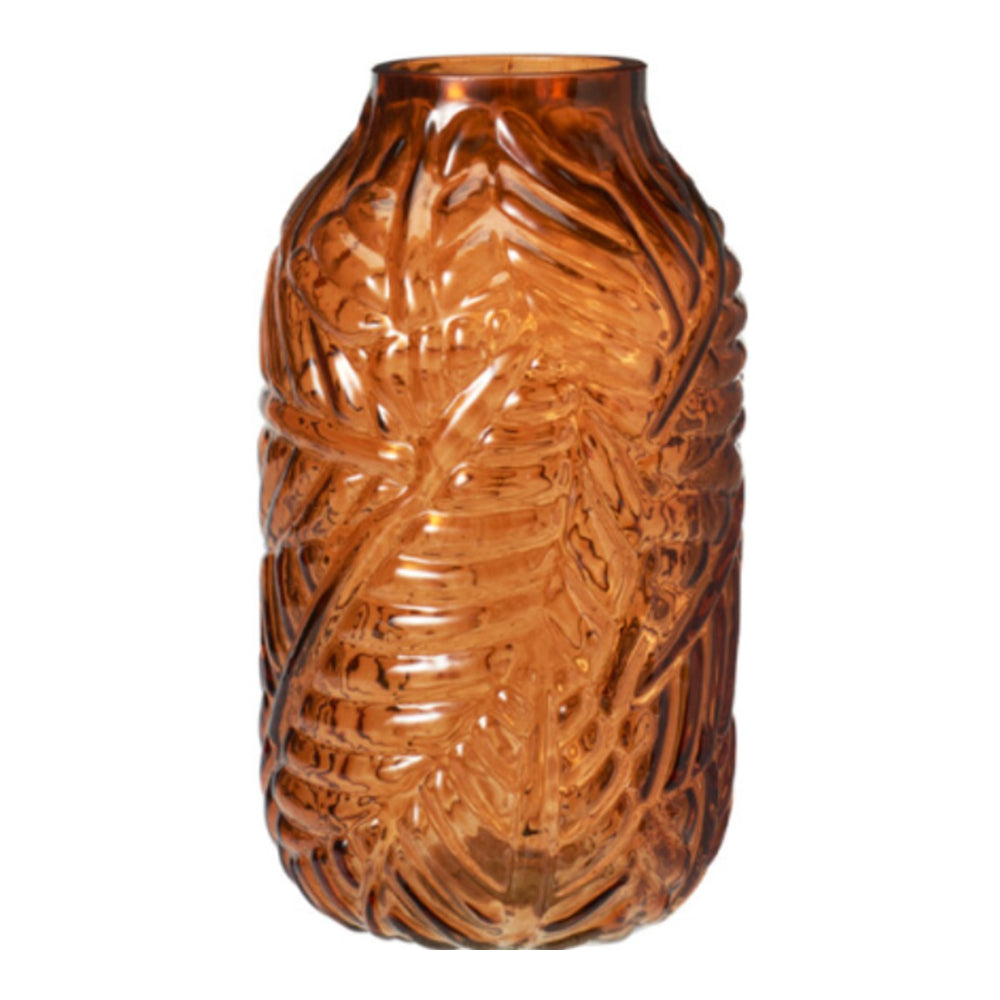 Embossed Tropical Leaf Design Glass Vase | 21cm, Assorted Colours