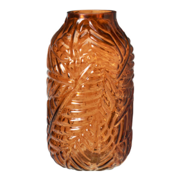Embossed Tropical Leaf Design Glass Vase | 21cm, Assorted Colours