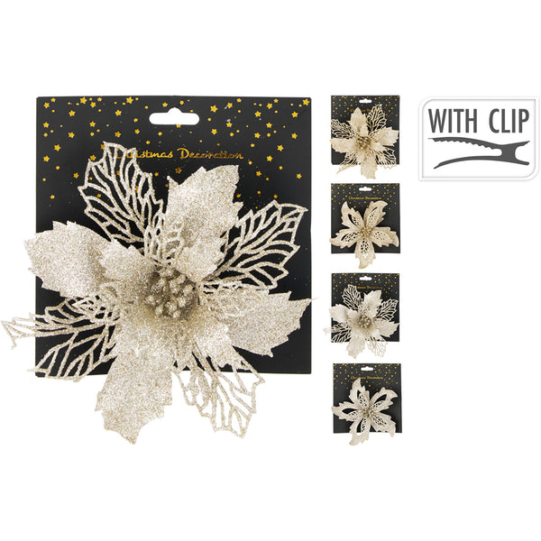 Christmas Clip-On Glitter Flower Decoration | 16cm, Assorted Designs