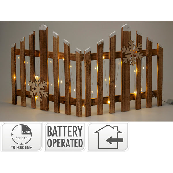 Christmas Wooden LED Picket Fence | Warm White, Battery Operated, 6-Hour Timer