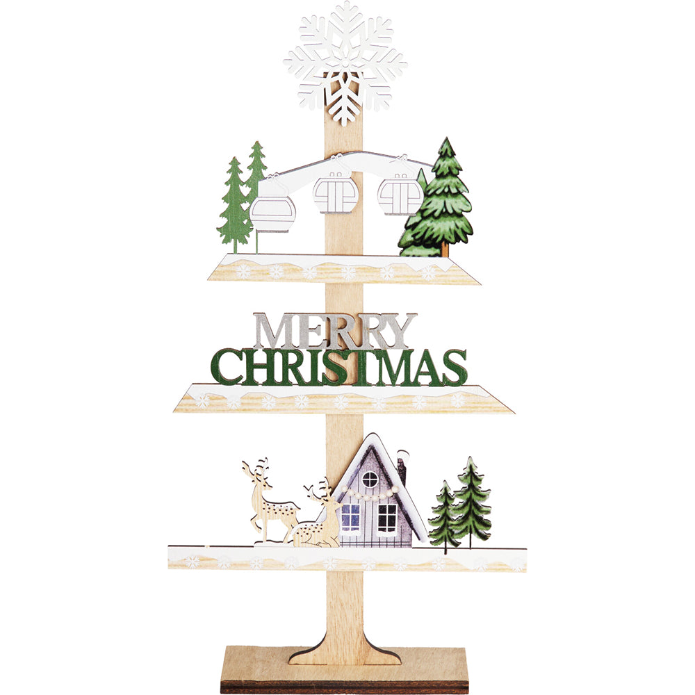 Christmas Freestanding Wooden Tiered Tabletop Decoration | 30cm, Green/White