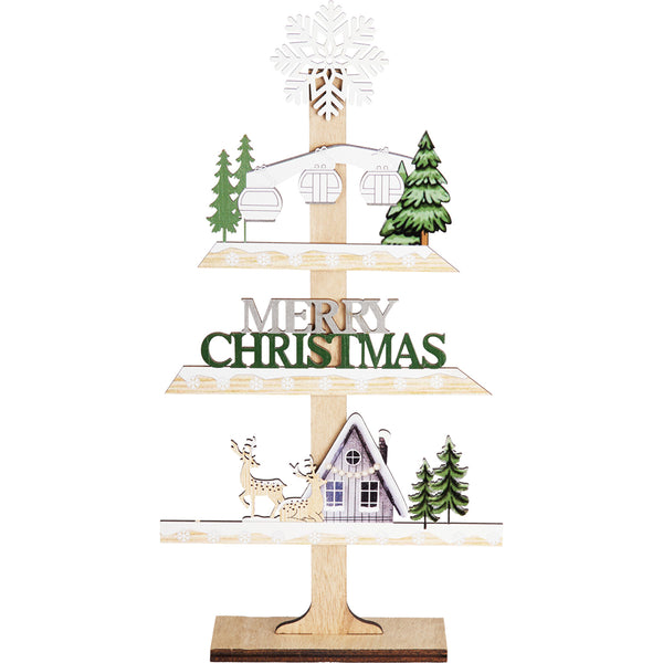Christmas Freestanding Wooden Tiered Tabletop Decoration | 30cm, Green/White