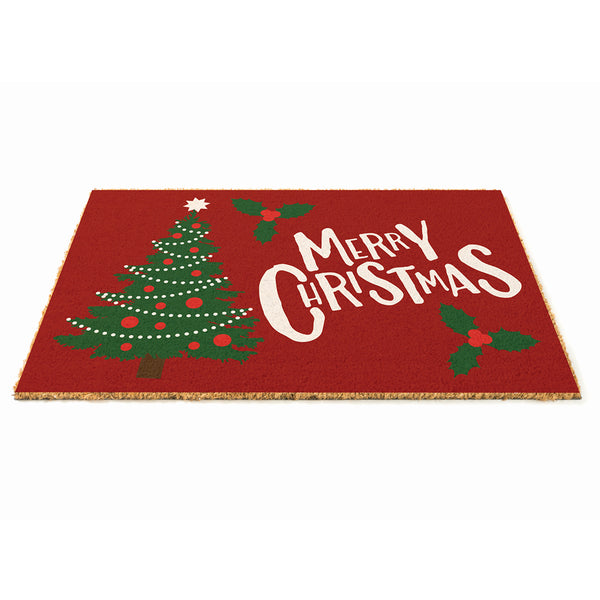Christmas Merry Christmas Red Doormat | 40 x 60cm, Tree Motif, Fringed Edge