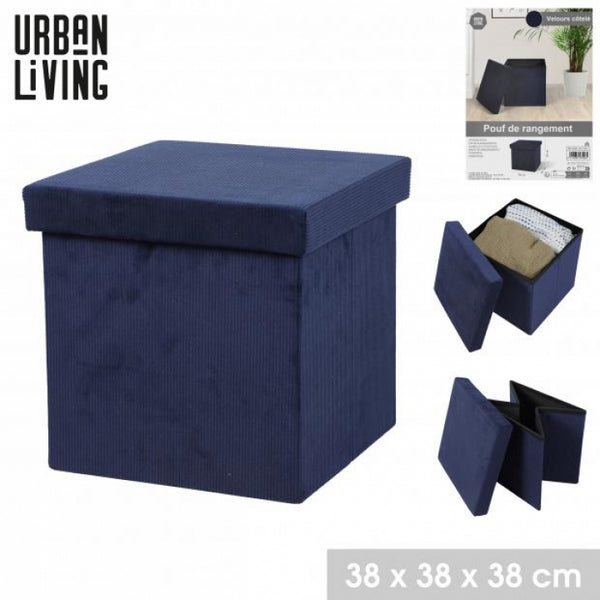 Urban Living Navy Blue Ribbed Velvet Foldable Storage Ottoman | 38 x 38 x 38 cm
