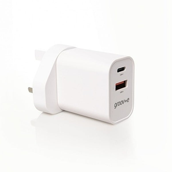 Groov-e Dual Port Wall Charger | USB-C PD, USB-A Quick Charge, Foldable Plug