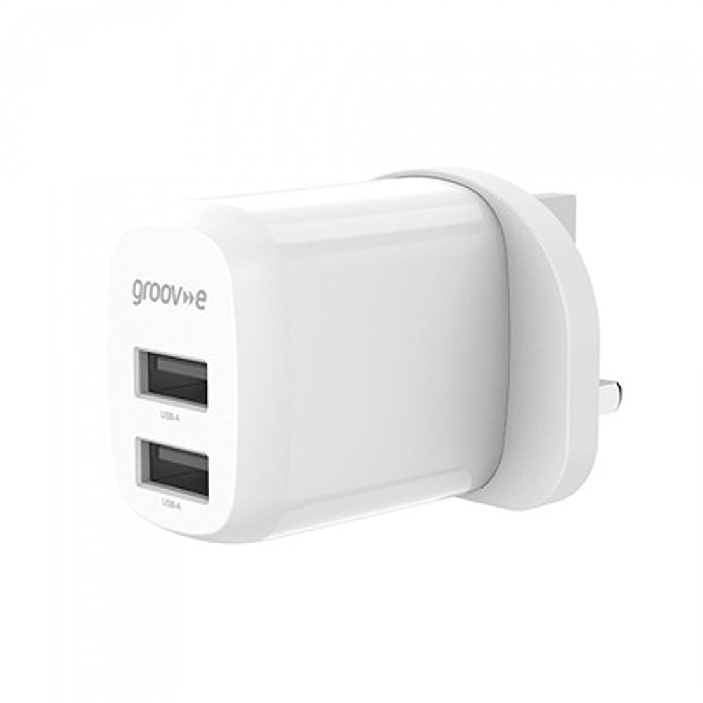 Groov-e Dual USB-A Wall Charger | 12W, White, Slim Low-Profile, Safety Isolation