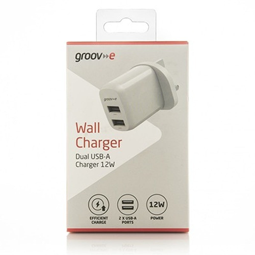 Groov-e Dual USB-A Wall Charger | 12W, White, Slim Low-Profile, Safety Isolation