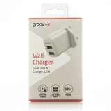 Groov-e Dual USB-A Wall Charger | 12W, White, Slim Low-Profile, Safety Isolation
