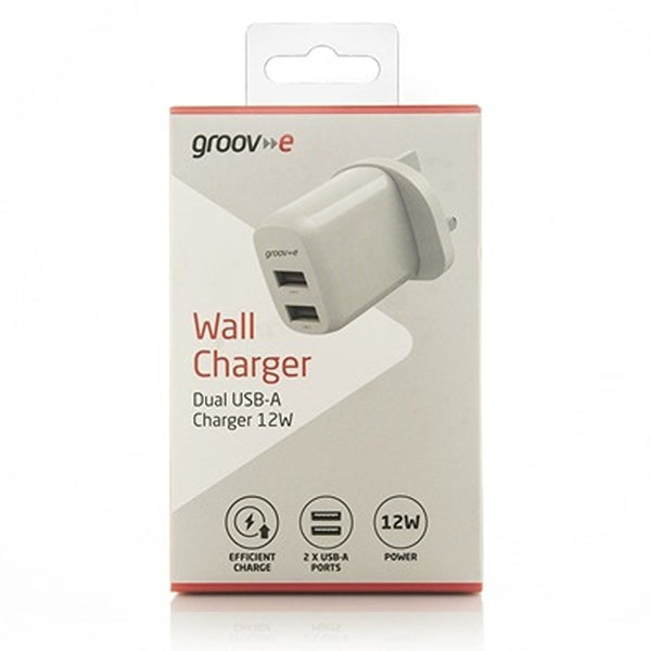 Groov-e Dual USB-A Wall Charger | 12W, White, Slim Low-Profile, Safety Isolation