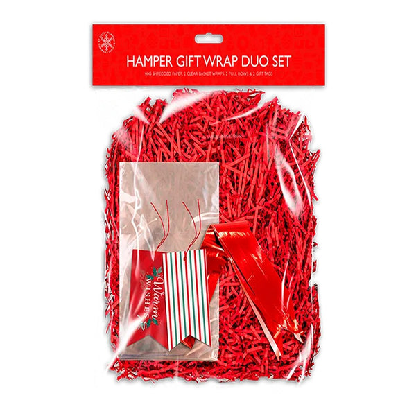 Christmas Hamper Gift Wrap Duo Set | 2 Clear Basket Wraps, 60g Shredded Paper