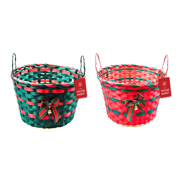 Christmas Striped Wicker Basket with Handles and Bell | 30cm, Assorted Colours