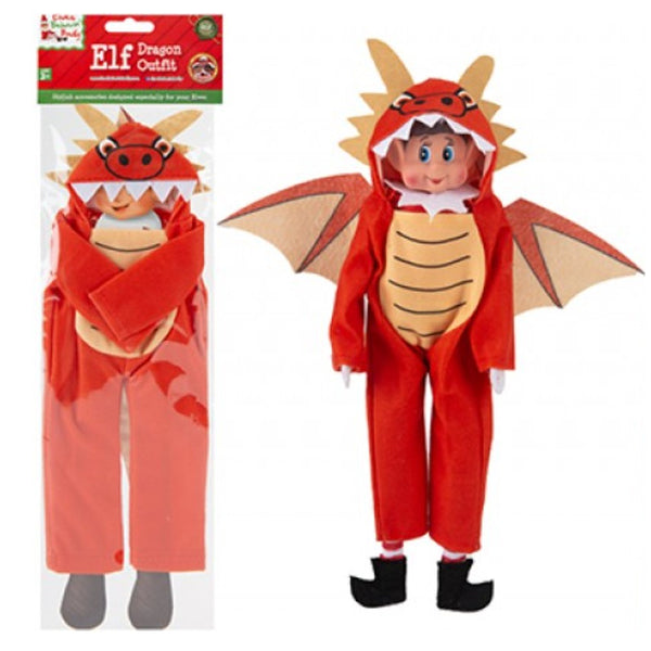 Christmas Elf Dragon Costume | Hooded Jumpsuit, Winged Back, Red-Orange