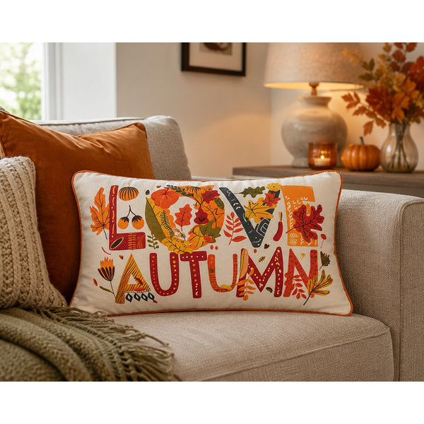 Love Autumn Rectangular Lumbar Cushion - Cream, Orange Piping, 30 x 50cm