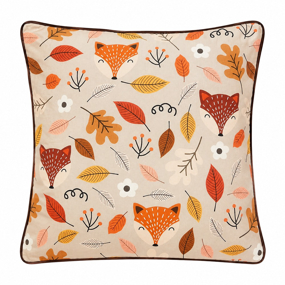 Woodland Fox Faces Decorative Cushion - 45 x 45cm, Beige and Orange