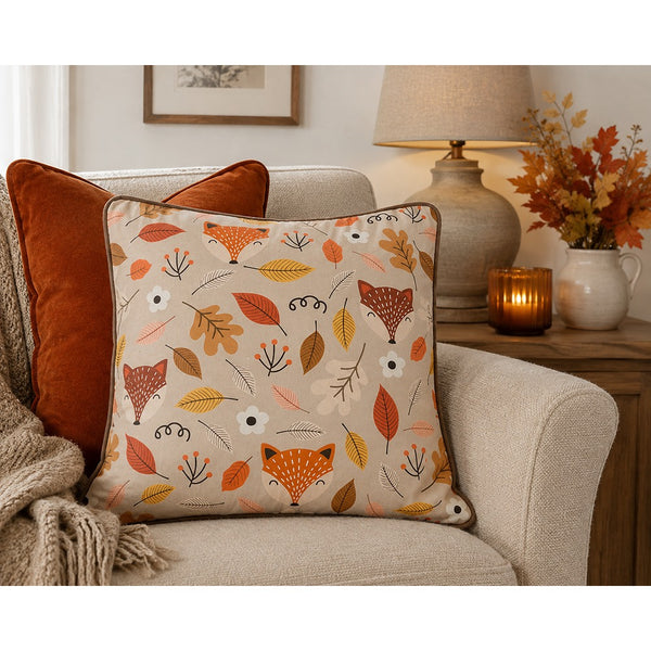 Woodland Fox Faces Decorative Cushion - 45 x 45cm, Beige and Orange