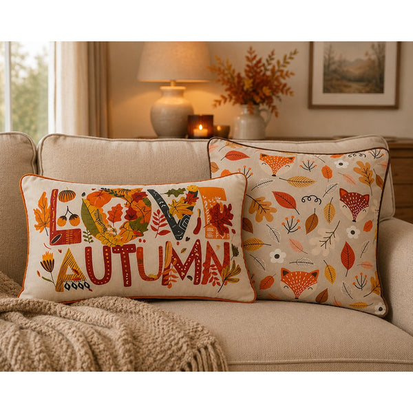 Woodland Fox Faces Decorative Cushion - 45 x 45cm, Beige and Orange