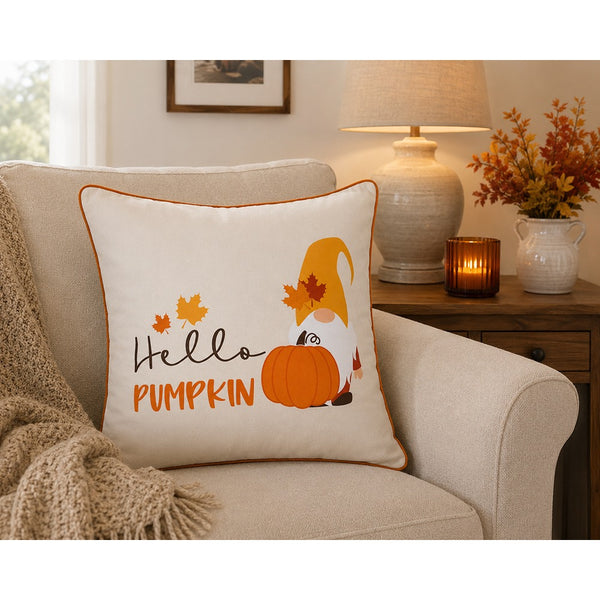 Hello Pumpkin Autumn Decorative Cushion - 45 x 45cm, Cream and Orange