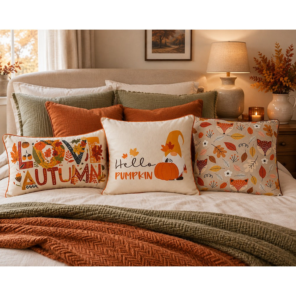 Hello Pumpkin Autumn Decorative Cushion - 45 x 45cm, Cream and Orange