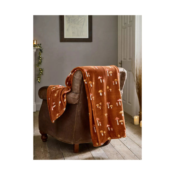 Rust Orange Toadstool Print Plush Scatter Throw - 140 x 180cm