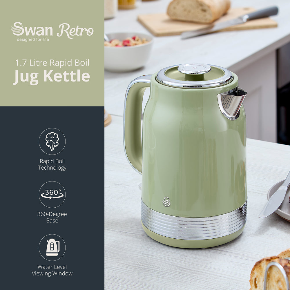 Swan Retro Revive 1.7L Green Jug Kettle | Pastel Finish, Water Window