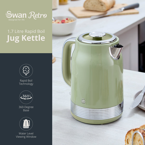 Swan Retro Revive 1.7L Green Jug Kettle | Pastel Finish, Water Window