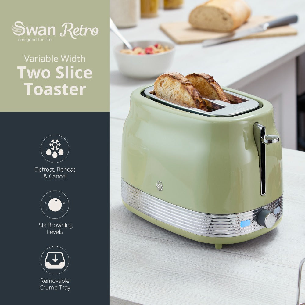 Swan RetroRevive 2-Slice Toaster | Sage Green, Wide Slots, Browning Dial