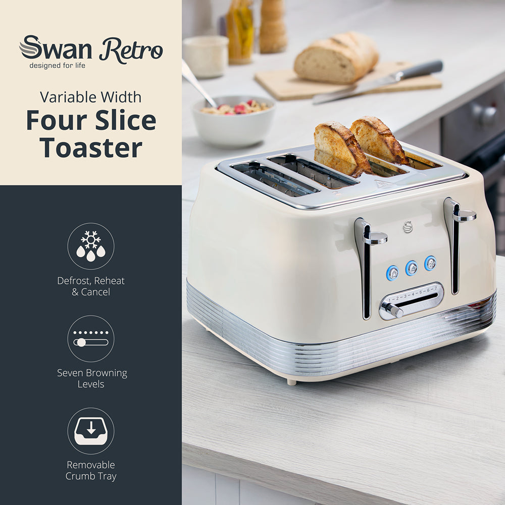Swan RetroRevive Cream 4 Slice Toaster | Dual Controls, Defrost