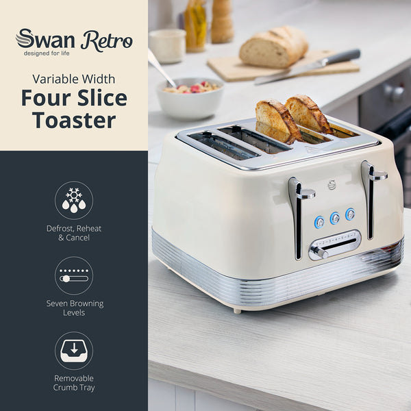 Swan RetroRevive Cream 4 Slice Toaster | Dual Controls, Defrost