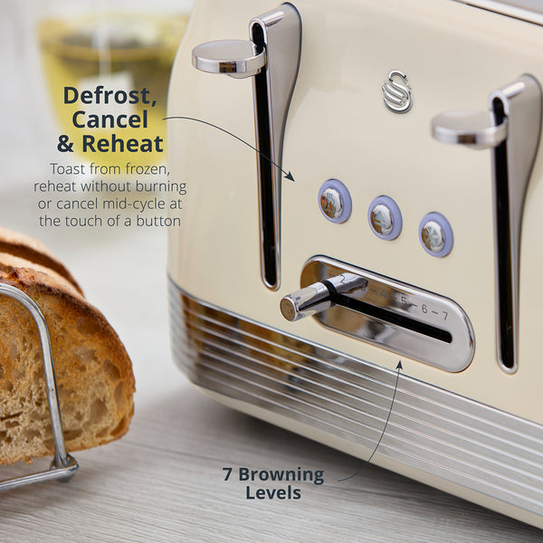 Swan RetroRevive Cream 4 Slice Toaster | Dual Controls, Defrost