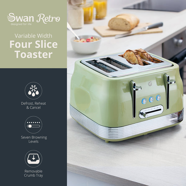 Swan RetroRevive 4 Slice Toaster | Soft Green, Dual Controls