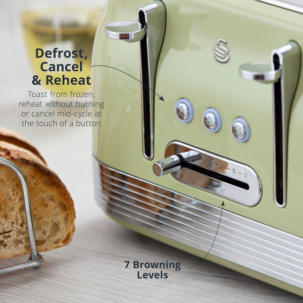 Swan RetroRevive 4 Slice Toaster | Soft Green, Dual Controls