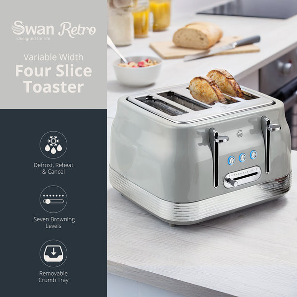 Swan RetroRevive 4 Slice Toaster Grey | Dual Controls, Variable Browning 1–7